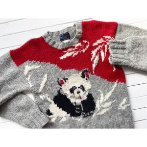 gray wool sweater 80s 90s vintage Woolrich panda bear‎ intarsia novelty sweater
